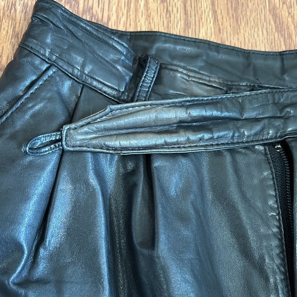 Leather 80s Pants Women's Size 8 Black Pleated Two Pockets Zipper Velcro Lined - Picture 7 of 13